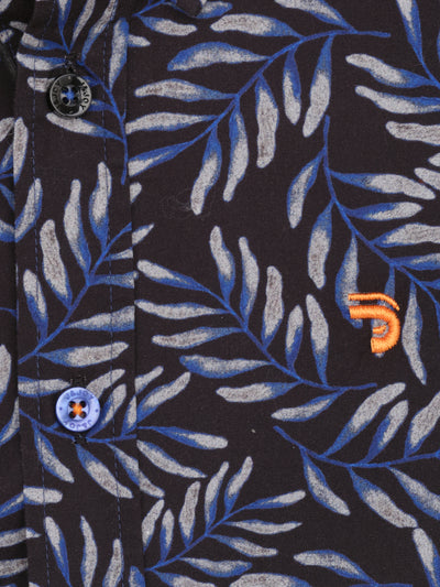 Chemise garçon bleue avec imprimé feuilles