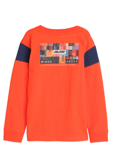 T-shirt garçon longues manches orange avec imprimé Andes dans le dos