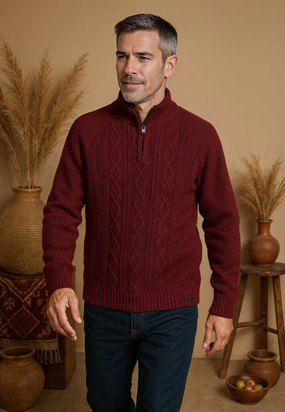 Pull homme tressé rose avec col zippé