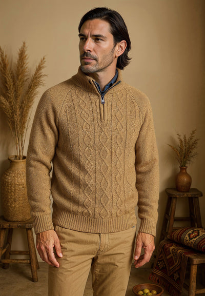 Pull homme tressé beige avec col zippé