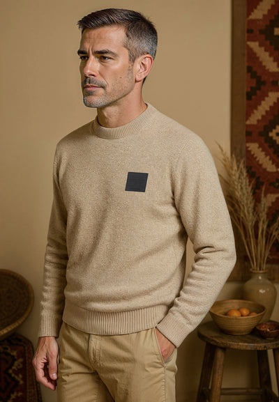 Pull homme beige col rond