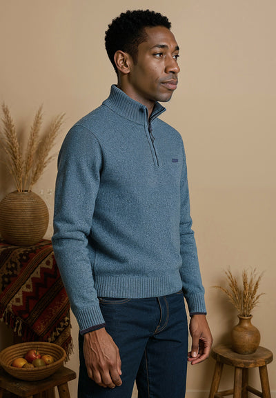 Pull homme bleu turquoise col zippé