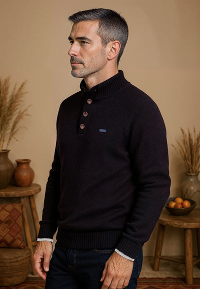 Pull homme bleu marine col boutonné