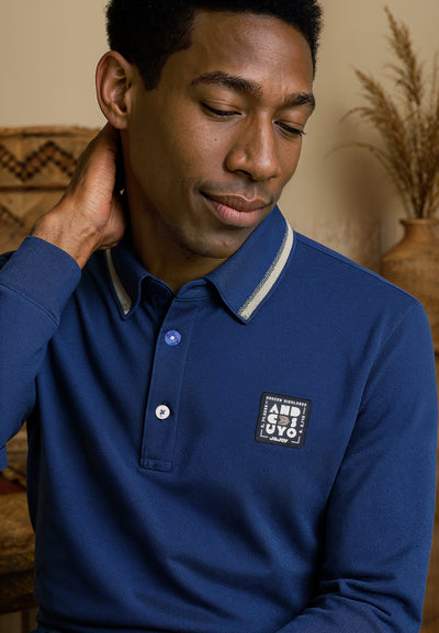 Polo homme longues manches bleu marine avec logo J&JOY dans le dos