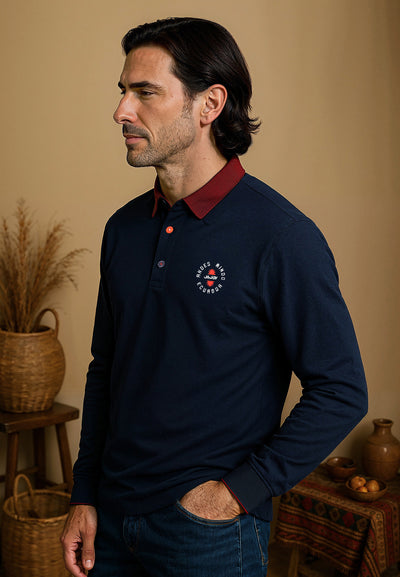 Polo homme longues manches bleu marine et col contrasté