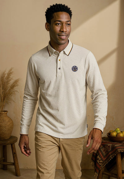 Polo homme longues manches beige avec patch J&JOY