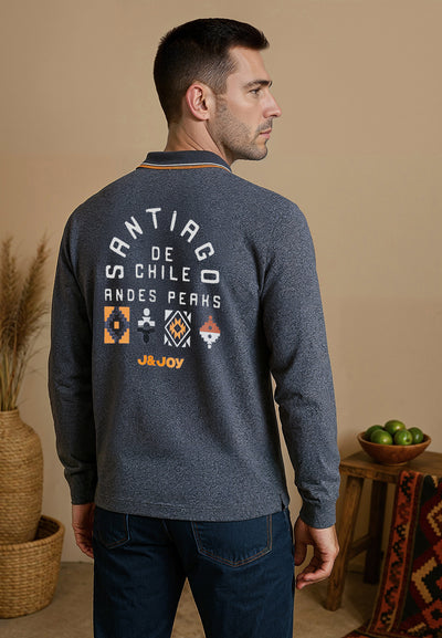 Polo homme longues manches bleu chiné avec logo Santiago dans le dos