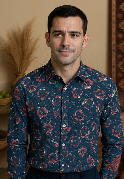 Chemise homme bleue imprimé végétal