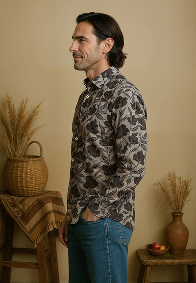Chemise homme grise avec des fleurs