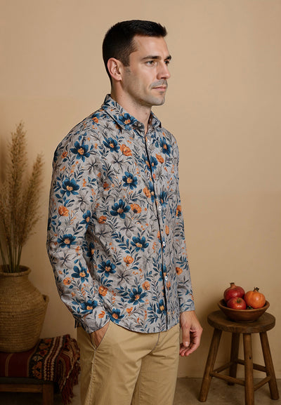 Chemise homme grise avec fleurs