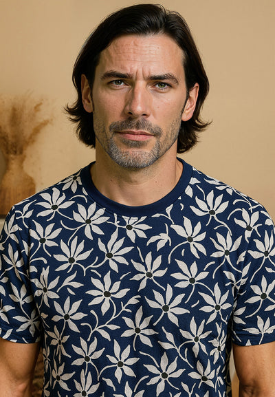 T-shirt homme bleu avec impression florale