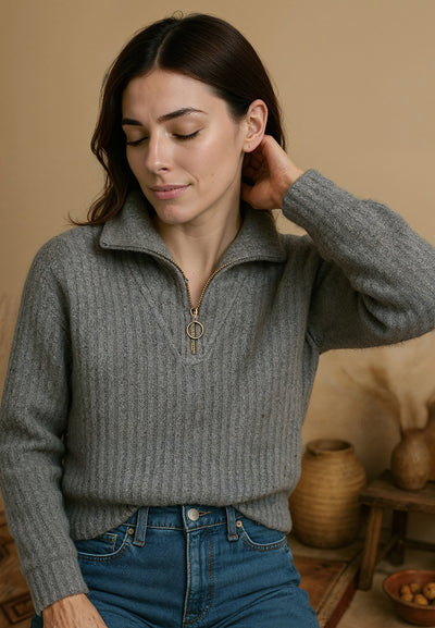 Pull femme gris avec col tombant zippé