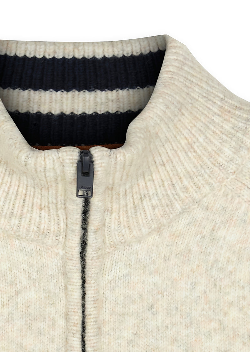 Pull homme demi-zip rayures écru et taupe - packshot front-detail-1