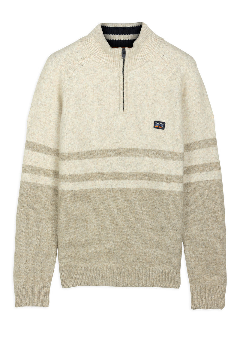 Pull homme demi-zip rayures écru et taupe - packshot front
