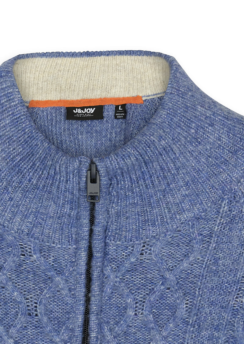 Pull homme demi-zip torsades bleu chiné - packshot front-detail-1