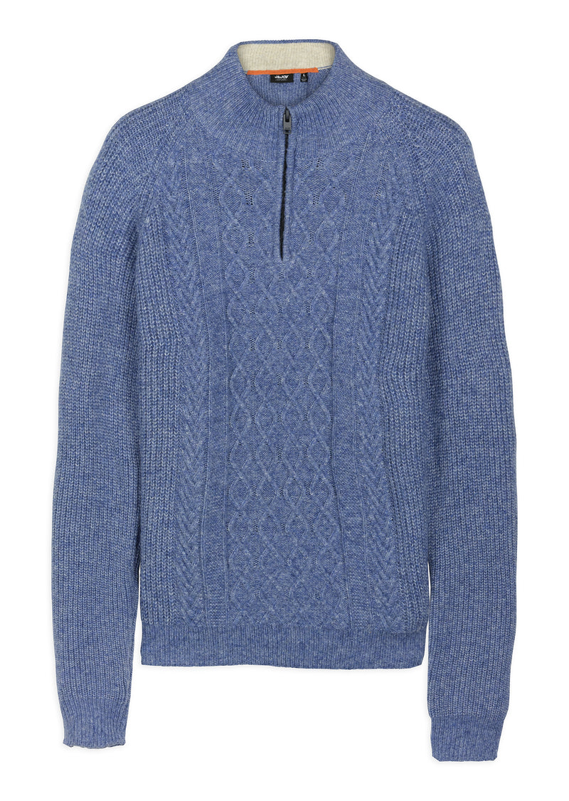 Pull homme demi-zip torsades bleu chiné - packshot front