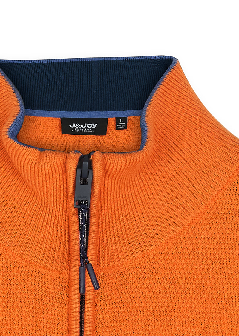 Pull homme demi-zip maille texturée orange - packshot front-detail-1
