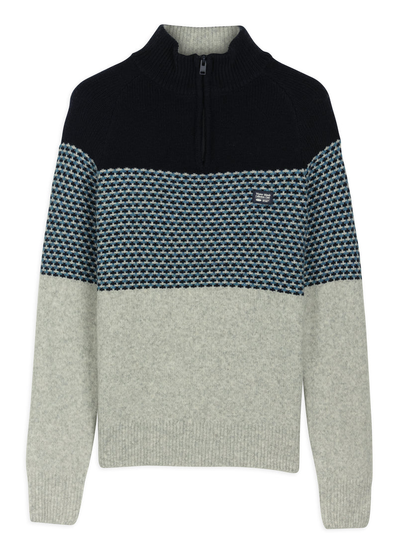 Pull homme demi-zip jacquard marine et gris - packshot front