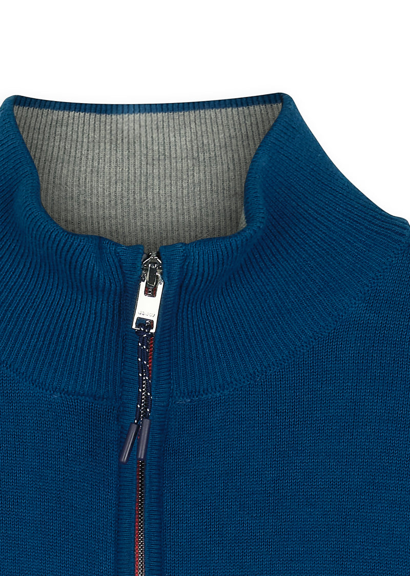 Pull homme demi-zip maille fine bleu pétrole - packshot front-detail-1