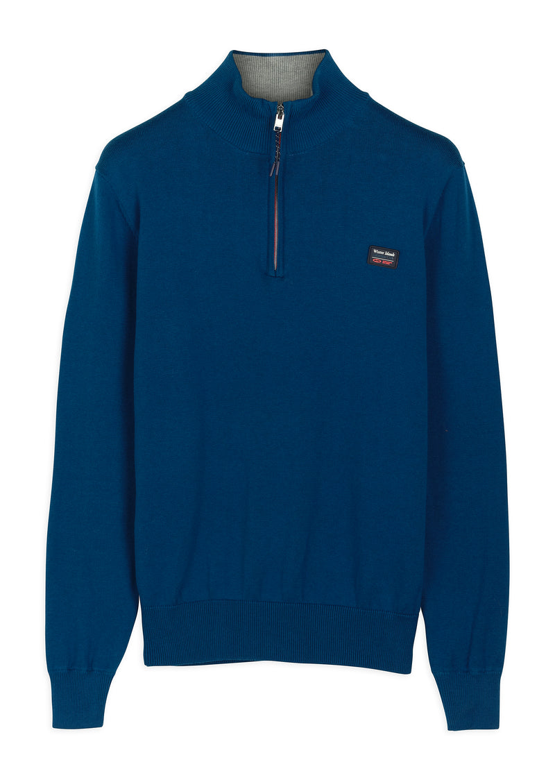 Pull homme demi-zip maille fine bleu pétrole - packshot front