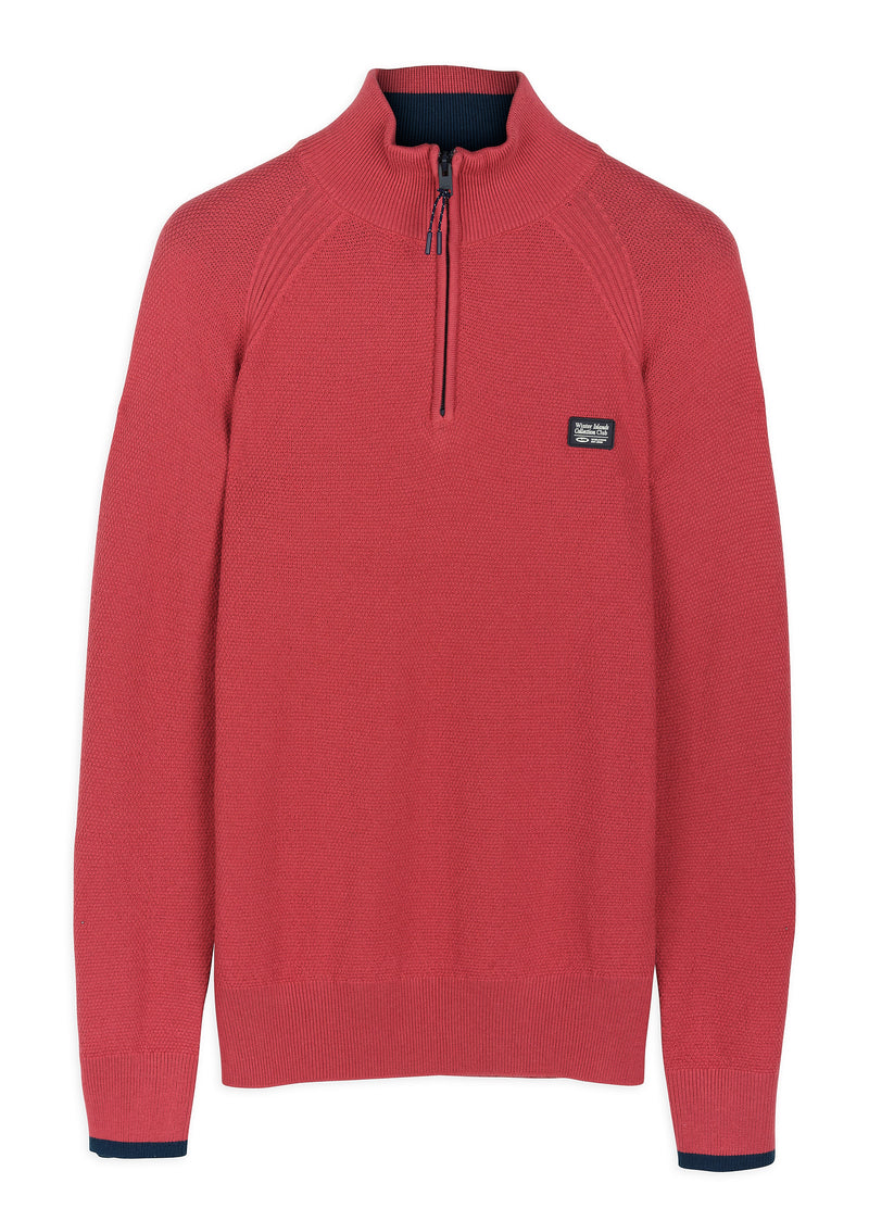 Pull homme demi-zip maille grain de riz rouge - packshot front
