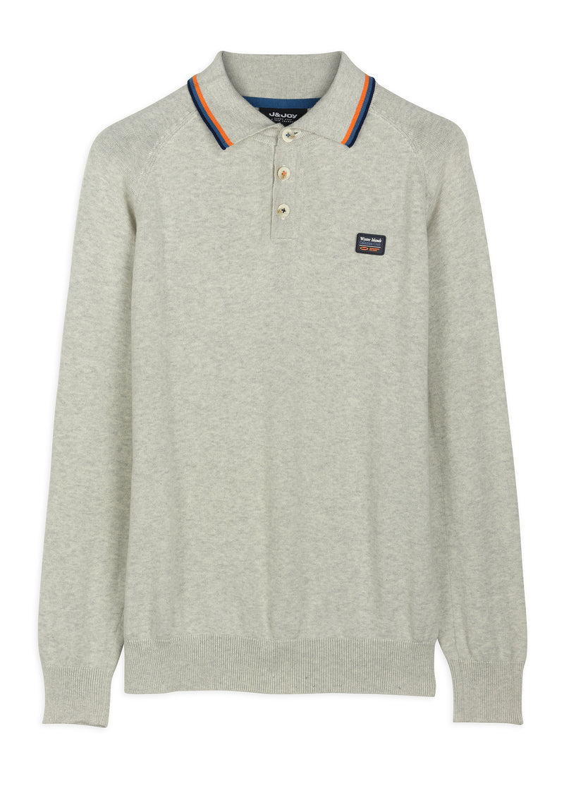 Polo homme en maille manches longues gris chiné - packshot front