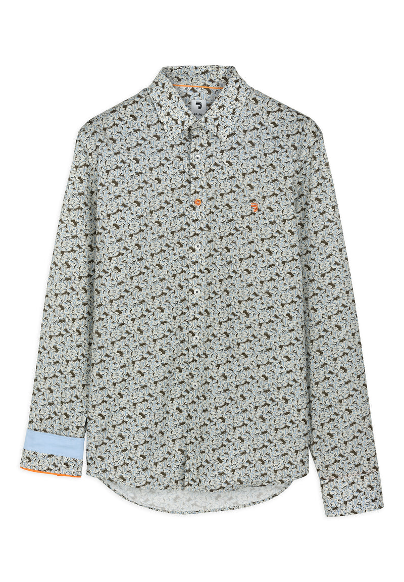 Chemise homme imprimé feuilles kaki et bleu - packshot front