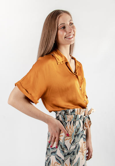 Light mustard yellow women's blouse with pocket on the heart