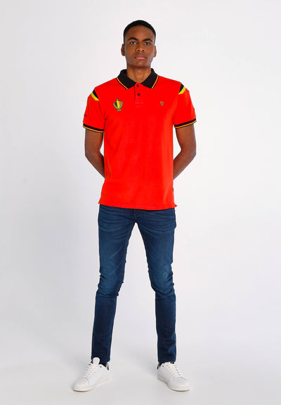 Red men's polo shirt with Belgian flag