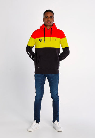 Sweatshirt homme noir, jaune et rouge avec capuche