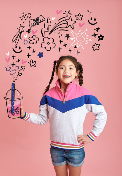 Girls' pink, blue and gray tricolor zipped collar sweatshirt