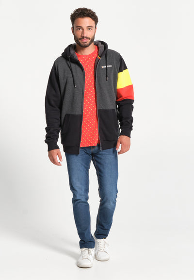 Sweatshirt homme noir zippé avec capuche et drapeau belge