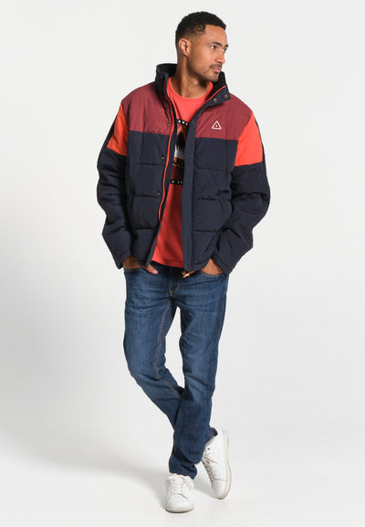 Two-tone blue and red men's jacket with buttonhole
