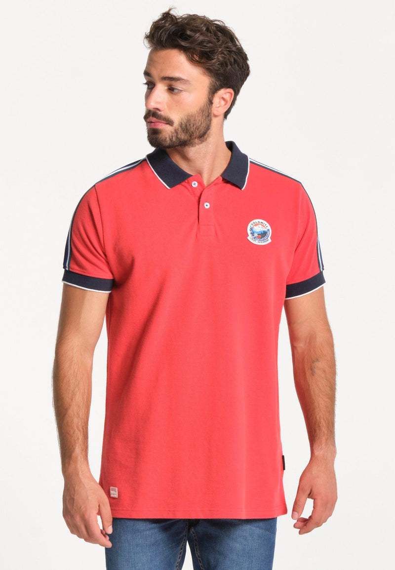Polo homme rouge avec bandes colorées sur les manches