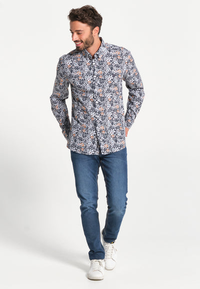 Blue men's shirt with pink floral print