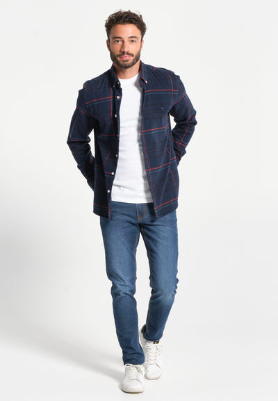 Men's navy blue checked flannel shirt