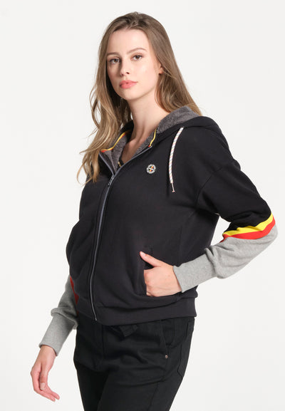 Women's black zipped sweatshirt with hood and black, yellow and red finishes
