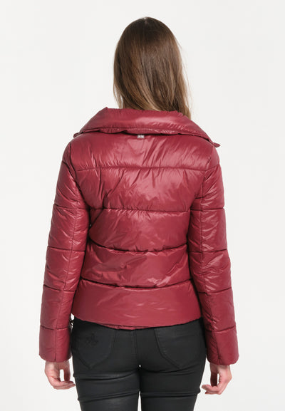 Women's burgundy down jacket with floral print inside