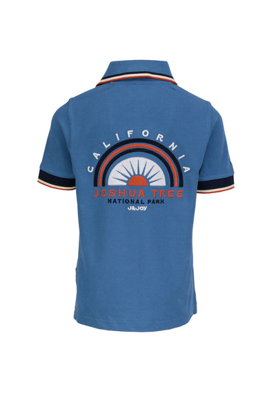 Boys' blue polo shirt, pattern on the back