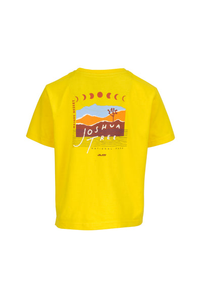 Pistachio yellow boy's t-shirt with pattern behind
