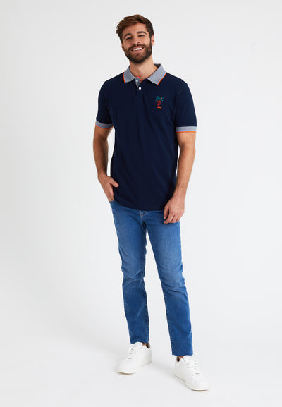 Men's short-sleeved navy blue piqué cotton polo shirt, double-ply collar, back motif