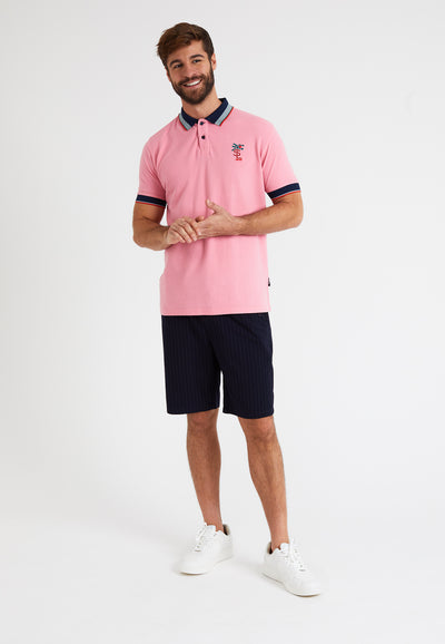 Men's pink cotton polo shirt, navy blue collar