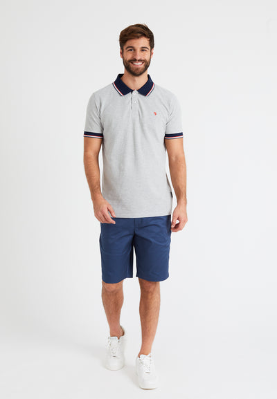 Men's light gray cotton polo shirt, navy blue collar