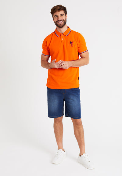 Men's short-sleeved orange piqué cotton polo shirt, back motif
