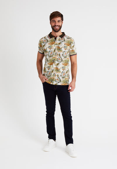 Men's short-sleeved ecru piqué knit polo shirt, leaf print, khaki collar