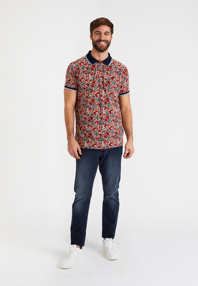 Men's brick polo shirt, navy blue collar, floral print