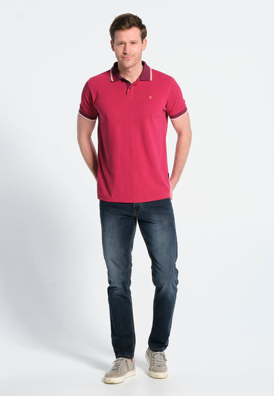 Men's fuchsia polo shirt with navy blue lined collar