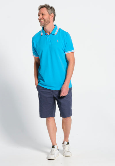 Men's short-sleeved turquoise piqué polo shirt, back motif