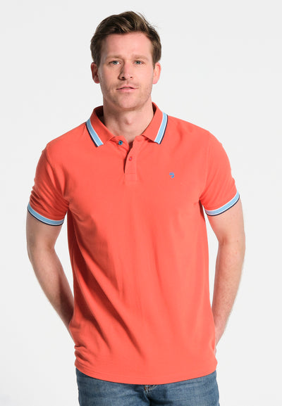 Men's red polo shirt with contrasting sleeve edges