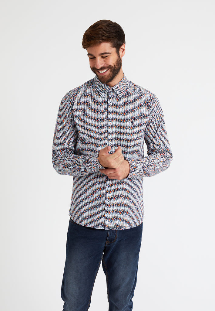 Men's long-sleeved shirt, in cotton fabric, diamond print, buttoned collar